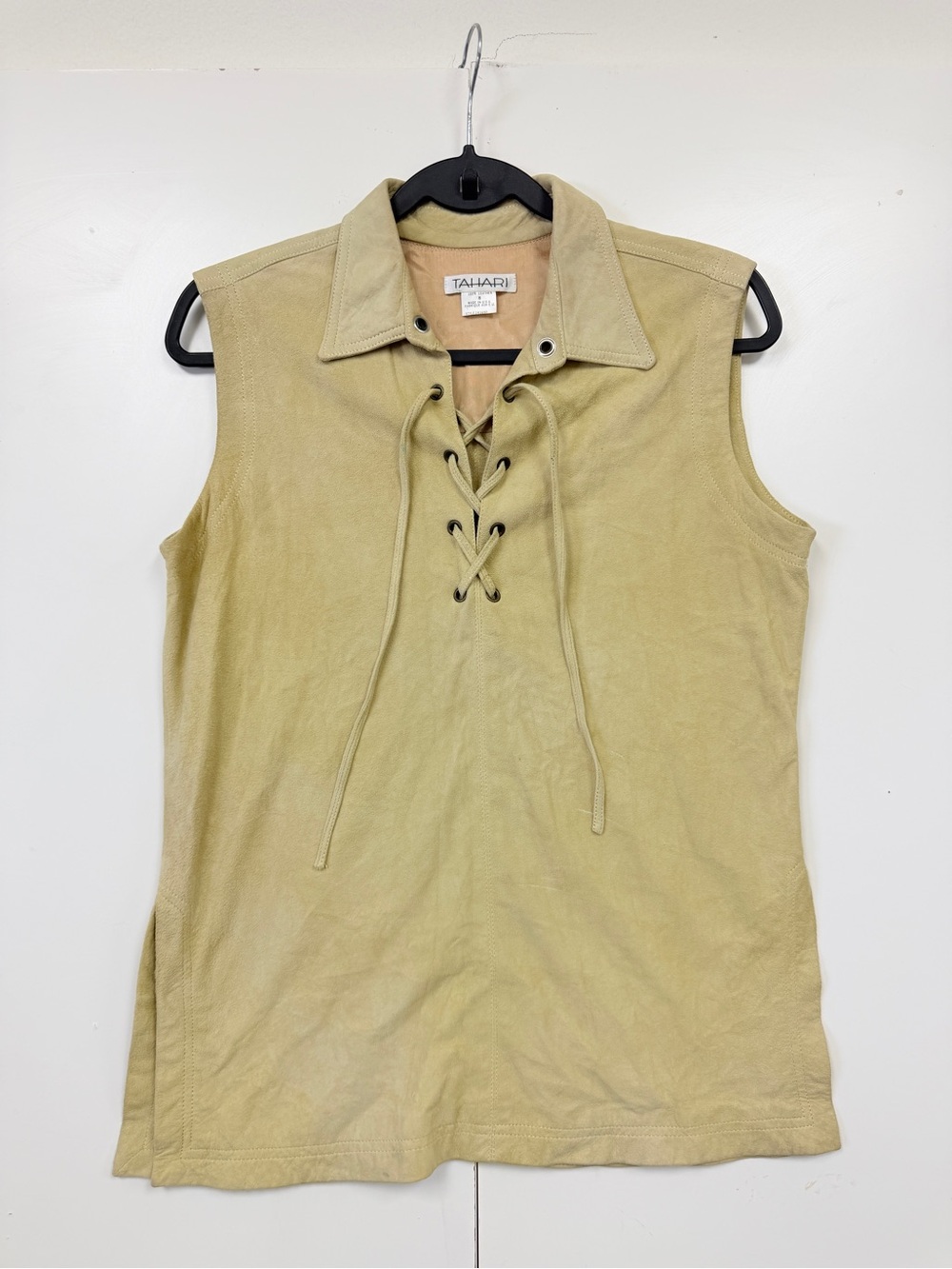 Tahari 100% Genuine Leather Lace Up Vest Tank Top Tan Size 8 Made USA